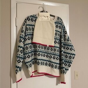 C&C California Cream Fair Isle Crew Sweater with Blue and Black Pattern